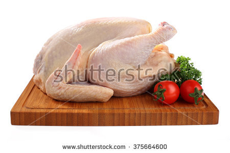 Picture of the defetherd, headless body of a chicken. The meat is raw.