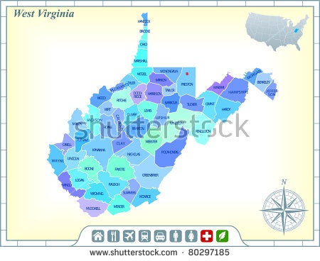 A picture of West Virginia with a small red dot